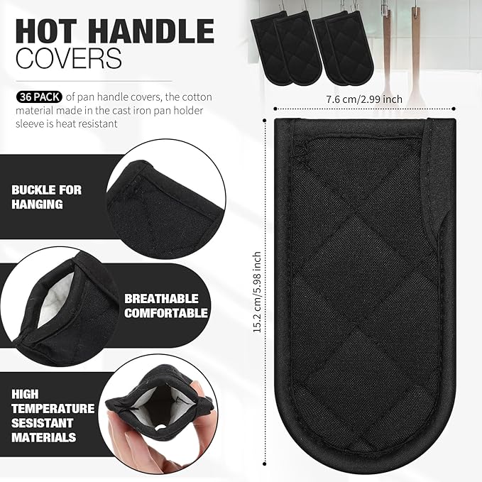 Dandat 36 Set Hot Handle Covers for Daily Replace Use Gift Pan Handle Sleeve Covers Heat Resistant Cast Iron Holder Sleeve Washable Handgrip Mitts for Christmas Kitchen Gifts Craft (Black)
