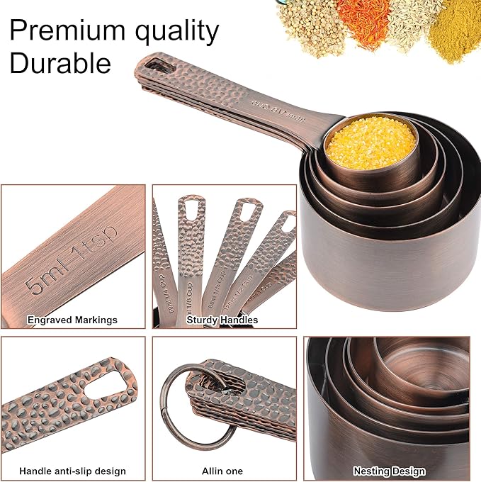 Copper Plated Measuring Cups and Spoons set, Stainless Steel Measuring Cups and Spoons Set for Baking & Kitchen, Cute Metal Metric & US Measure Cup and Spoon with Leveler & 1/8 Cup