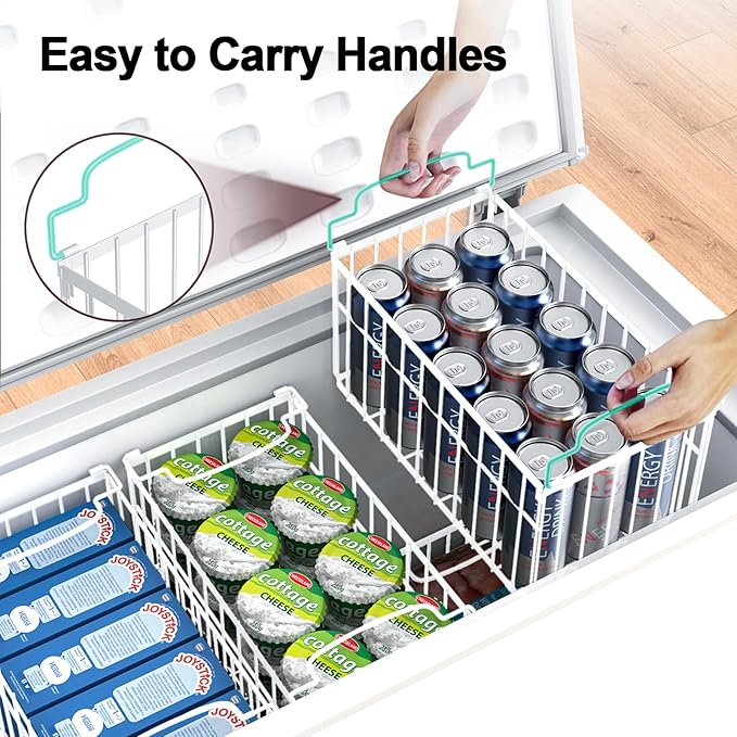 Freezer Organizer Bins, 4 Pack Stackable Deep Chest Freezer Organizer Bins, Foldable Baskets with Handles, White Storage Container Baskets for 5/ 7 Cu.FT Sort Frezen Meats