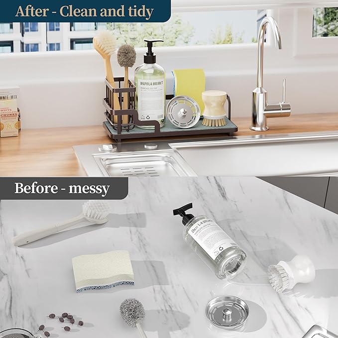 Consumest Sponge Holder for Kitchen Sink - Sink Caddy Organizer with Water Absorbing Stone Tray, Detachable Brush Holder, Stainless Steel Kitchen Counter Organizer Rack, Bronze