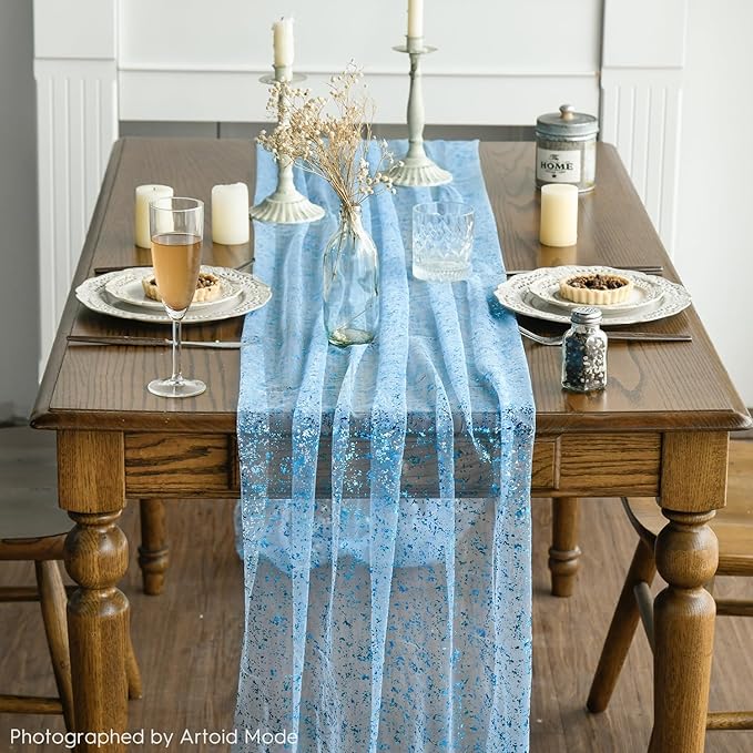 Artoid Mode 6PCS Light Blue Gauze Table Runner 120 Inch 10FT, Glitter Metallic Foil Sheer Dining Wedding Anniversary Holiday Table Decor for Home Party