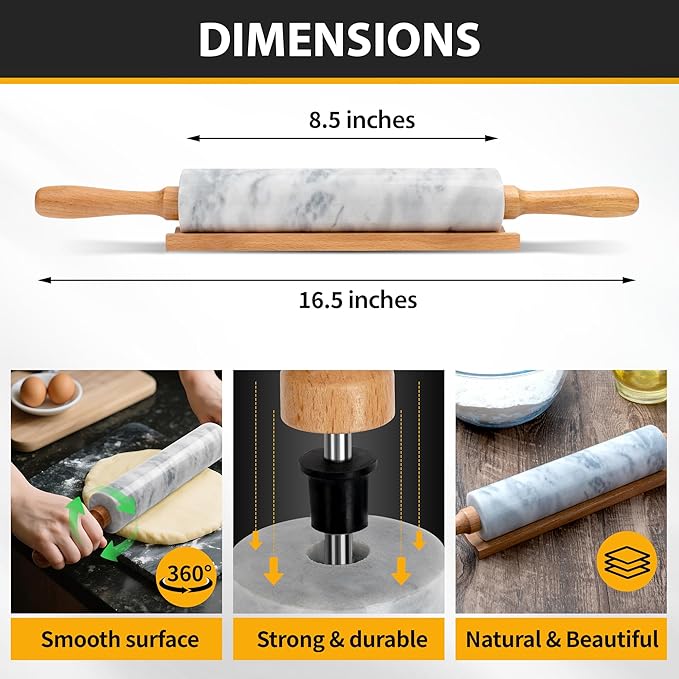 16.7 Inches Marble Rolling Pin for Baking with Wooden Handles & Wooden Cradle - Rolling Pin for making Pizza Dough & Tortillas, Dough Roller for Pasta, Cookie, Pie Crust and More!