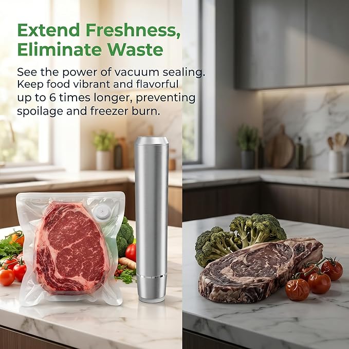 Handheld Vacuum Sealer, 304 Stainless Steel Food Saver Vacuum Sealer Machine with 10 Reusable Bags & Adapter, Cordless Rechargeable Compact Vacuum Sealer for Food, Keep Fresh & Reduce Waste