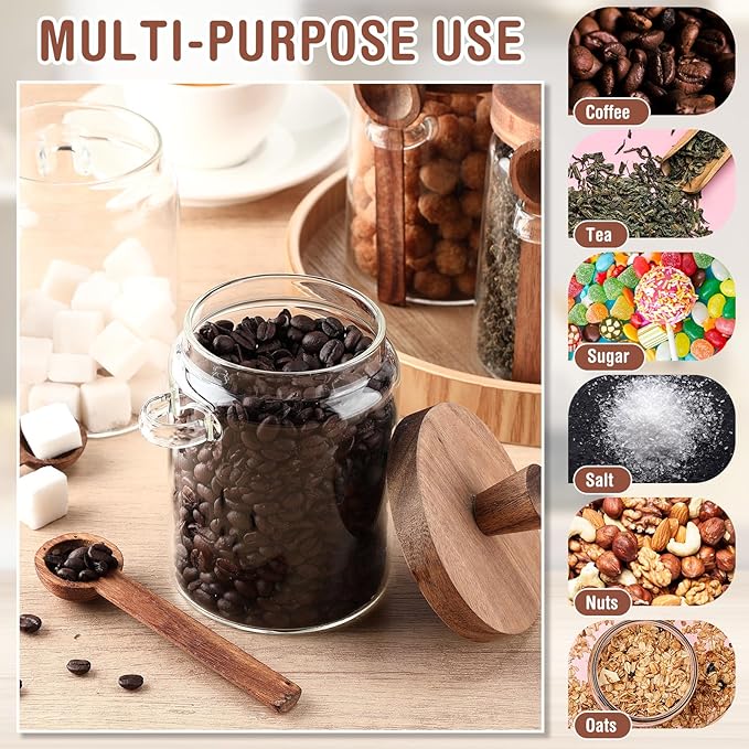 Remerry Set of 4 Glass Jar with Wooden Lid and Spoon, Clear Airtight Spice Canisters Glass Food Storage Kitchen Containers Set for Coffee Bean Tea Sugar (20 oz)
