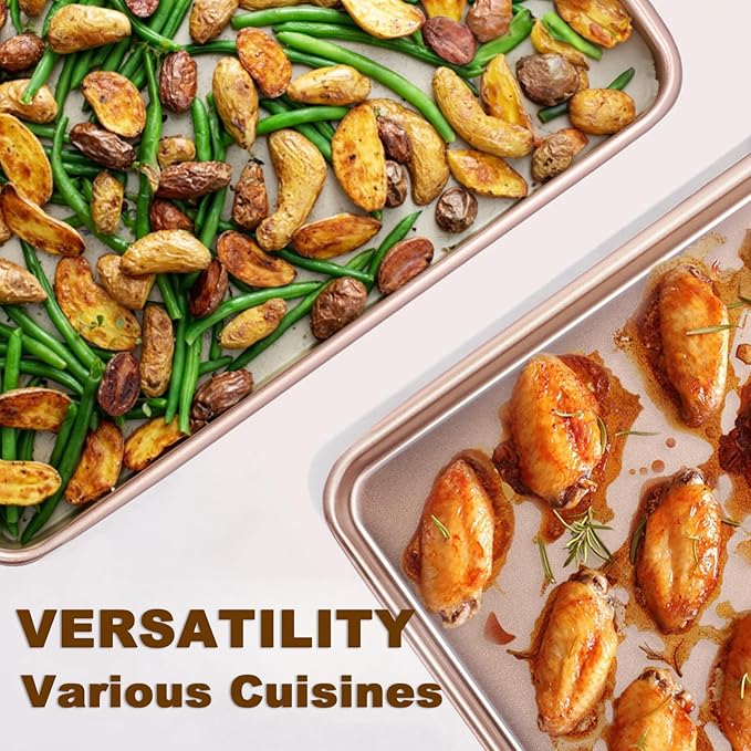 Wildone 2 Pack Jelly Roll Pan, Nonstick Baking Sheet for Oven, Thicker Carbon Steel Cookie Sheet 15x10 Inch, Heavy Duty & Easy Clean, Rose Gold