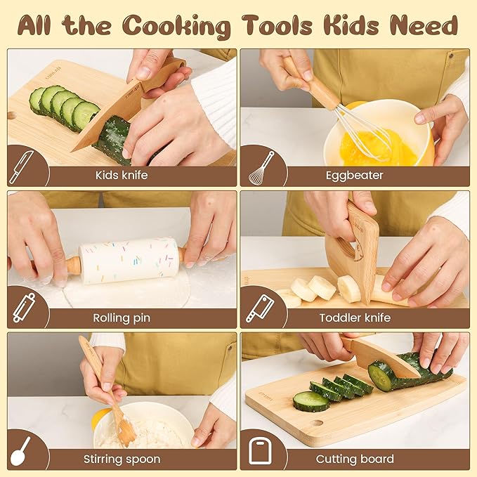 LUOLAO Wooden Kids Safe Knife and Kids Baking Set for Real Cooking, 6 PCS Toddler Montessori Kitchen Tools, Cooking and Baking for Little Chefs