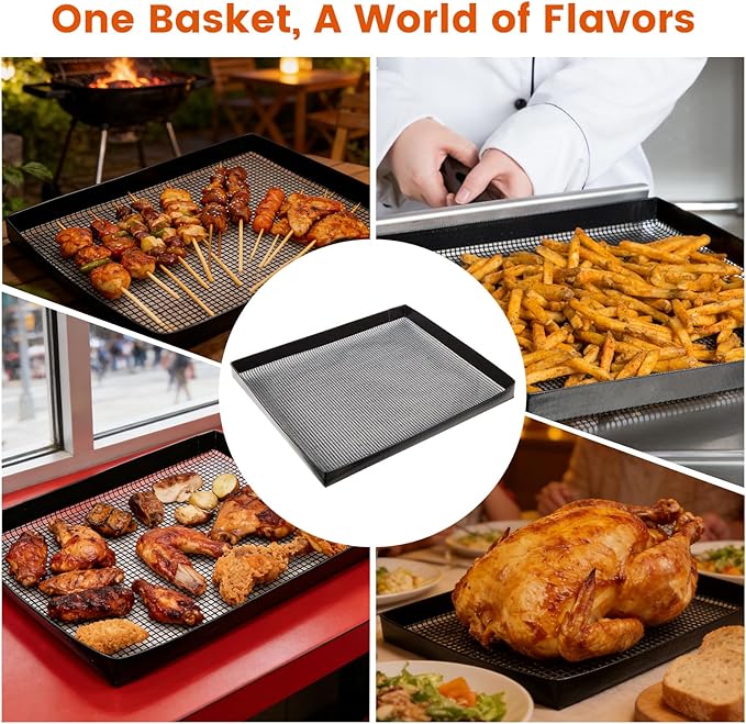 Professional-Grade 2-Pack PTFE Mesh Oven Baskets, 11.5x13.5x1 Inch Non-Stick Solid Oven Trays for Commercial Kitchens & High-Volume Cooking