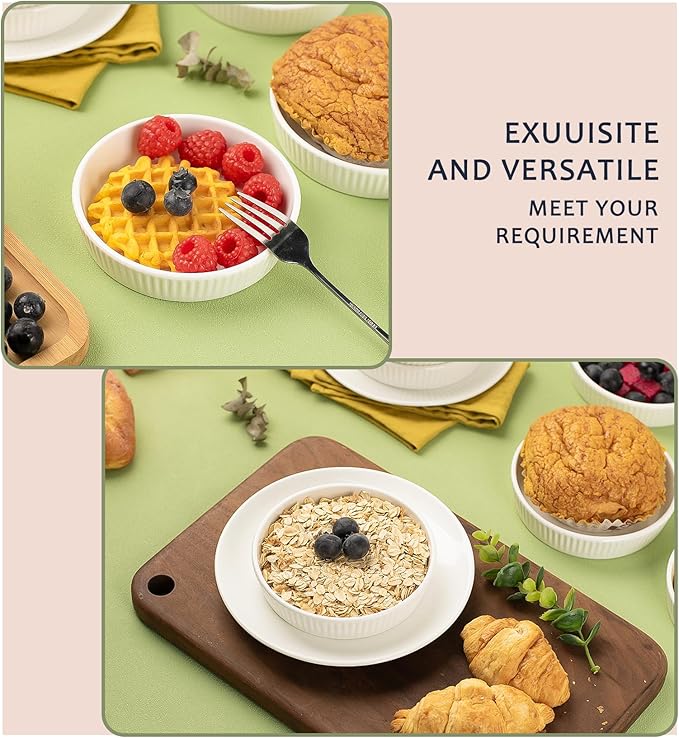 Ramekins 8 oz Oven Safe Set of 6 - Ceramic Creme Brulee Dishes, Souffle Cups, Individual Quiche Baking Dish, Food-Safe White Pudding Bowls for Kitchen, Stackable and Dishwasher Safe