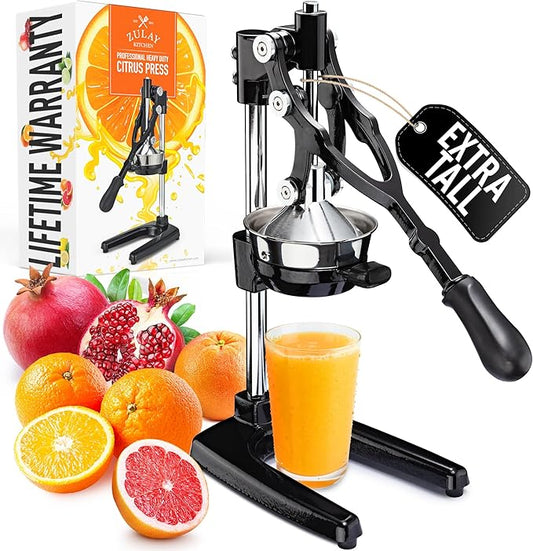Zulay Kitchen Extra Tall Cast Iron Juicer - Fits Any Glass, Heavy Duty Manual Citrus Juicer with Detachable Strainers for Easy Cleaning, Perfect for Bartenders, Juice Lovers & Health Enthusiasts