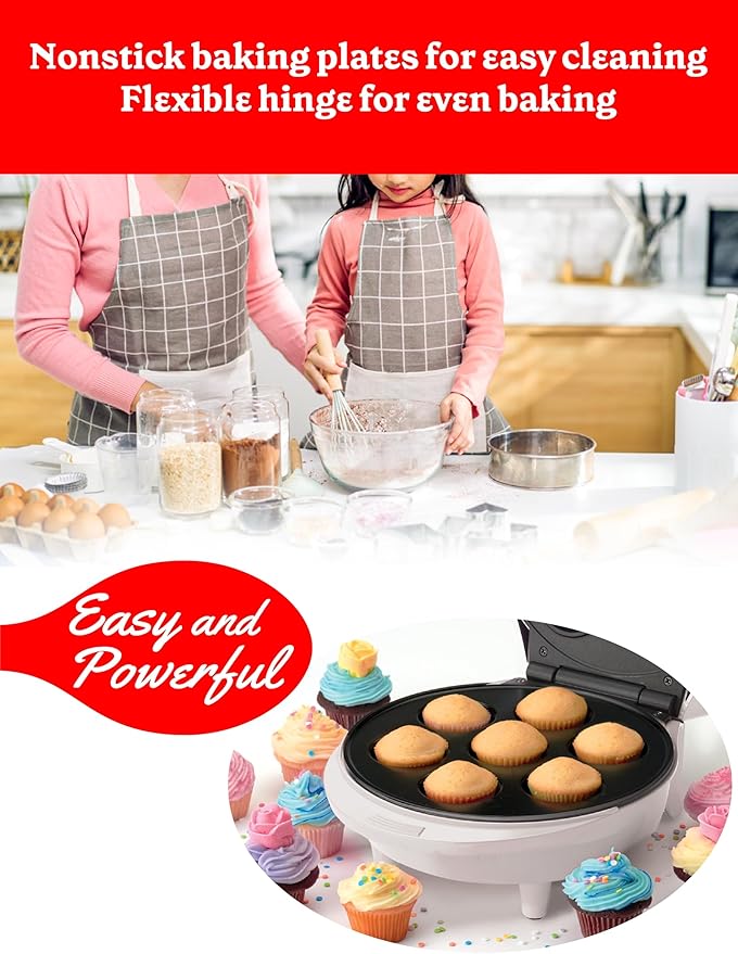Betty Crocker Mini Cupcake Factory, with Nonstick Surface, Mini Cupcake Machine with Cool Touch Handle & Makes 7 Delicious Cupcakes in Minutes, Pink/White