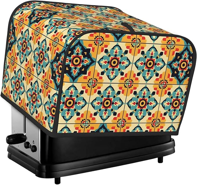 Brown Boho Tile Covers for 4 Slice Toasters,Cute Country Bread Machine Cover with Handle,Washable Stain Resistant Kitchen Small Appliance Cover Dining Decor