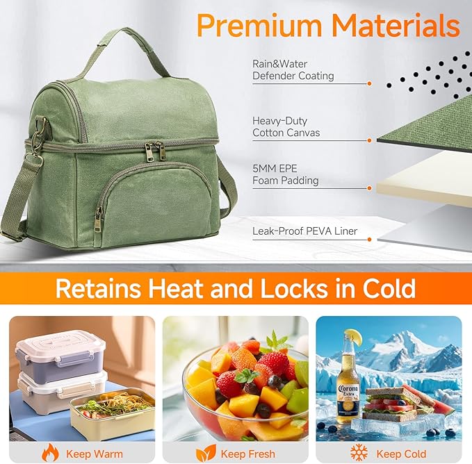 Lunch Box with Ice Packs, Waxed Canvas Lunch Bag for Men, 10.5L Leakproof Insulated Lunch Cooler for Men Work, Dual Compartment Soft Cooler for Work, Camping, Beach & Road Trips