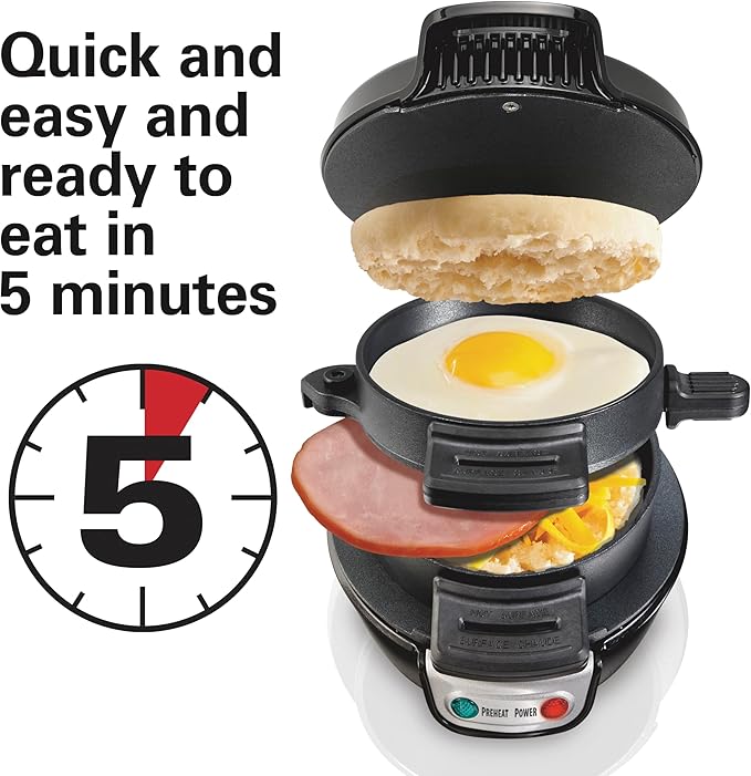 Hamilton Beach Breakfast Sandwich Maker with Egg Cooker Ring,Customize Ingredients,Perfect for English Muffins,Croissants,Mini Waffles,Perfect White Elephant Gifts,Black (25477),(Pack of 4)