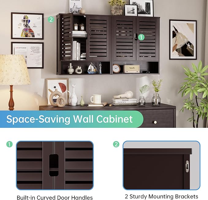 SMIBUY Bathroom Cabinet Wall Mounted, Bamboo Over-The-Toilet Storage Organizer, Space Saver Medicine Cabinet with 2 Door and Adjustable Shelves (Dark Brown)