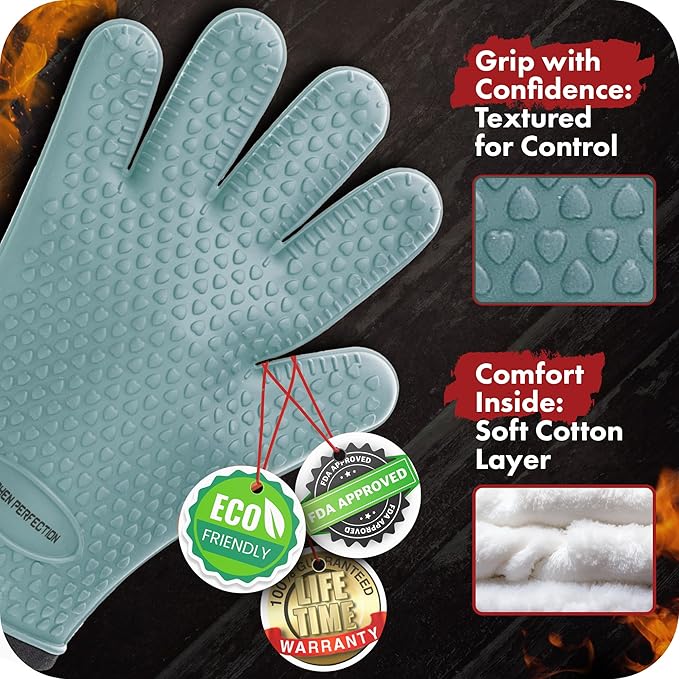 KITCHEN PERFECTION Silicone Smoker Oven Gloves -Extreme Heat Resistant BBQ Gloves -Handle Hot Food Right on Your Smoker Grill Fryer & Pit | Waterproof Oven Mitts |Superior Value Set+3 Bonuses