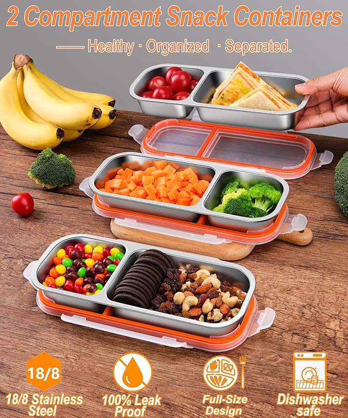 KTKUDY 3 Pack Stainless Steel Snack Containers for Kids & Adults - Large - Leak-Proof 2-Compartment Stackable Snack Lunch Boxes for Daycare, School, Work & Travel