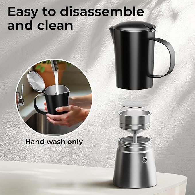 Stovetop Espresso Maker, Stainless Steel Moka Pot 6 Cup Espresso Maker (12 fl oz), Italian Coffee Pot, Compatible with Gas, Electric and Induction, Black & Silver Finish