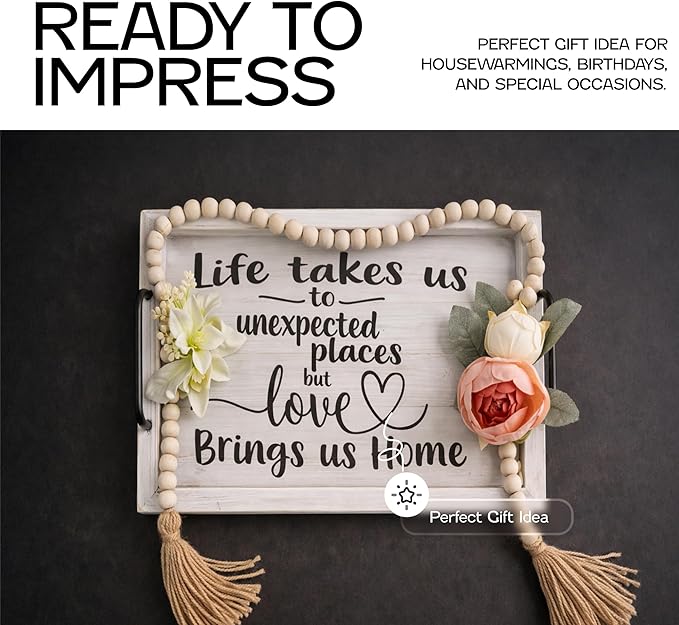 Besti Rustic Vintage Food Serving Trays (Set of 2) | Nesting Wooden Board with Handles | Stylish Farmhouse Decor Serving Platters | Large: 15 x2 x11” - Small: 13 x2 x9” inches (Rustic Off White)