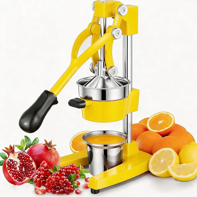 Commercial Heavy Duty Cast Iron Hand Press Manual Orange Citrus Lemon Lime Grapefruit Pomegranate Fruit Juice Squeezer Machine with Stainless Steel Cup Yellow