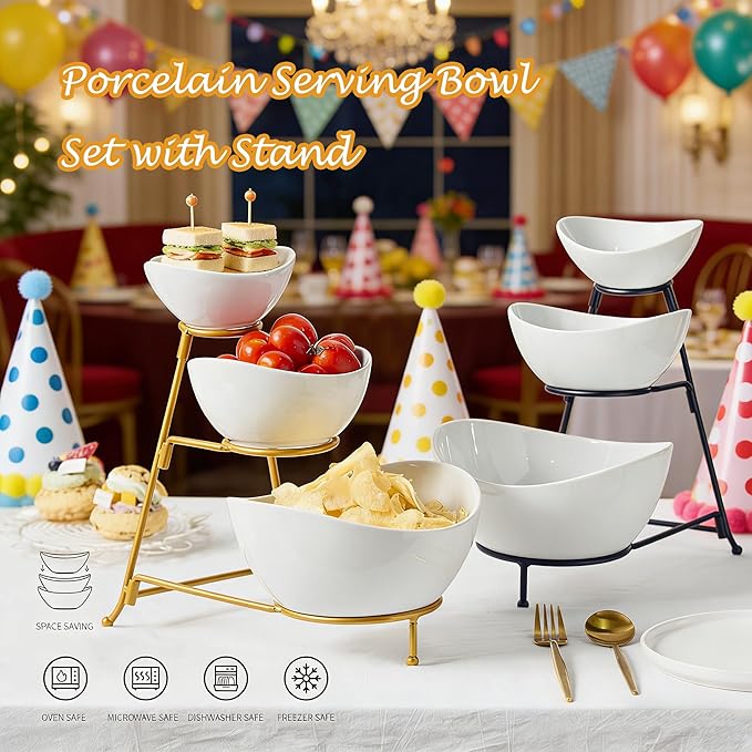 Gomakren 3 Tiered Oval Serving Bowl with Collapsible Metal Rack, Chip and Dip Serving Set, Dessert Appetizer Bowl Set (45oz / 17.5oz / 7oz), White Serving Bowls For Entertaining (Gold Stand)