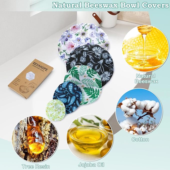 5-Size Reusable Beeswax Bowl Covers for Bread Proofing, Cotton Cloth Flexible Beeswax Wraps for Food Storage(Iris Floral)