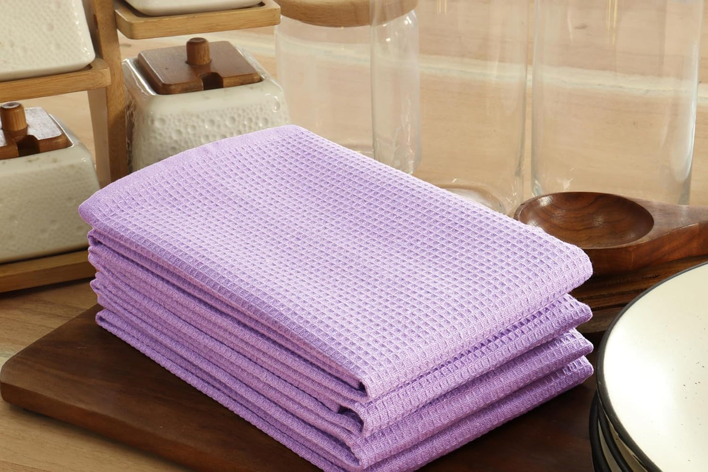 PurpleEssences Waffle Weave Kitchen Towel, 100% Cotton - 15 x 25 Inches, with Hanging Loop Ultra Soft Absorbent Quick Drying Dish Cloth, Tea and Hand Towels, 6 Pack - Spring Summer - Lavender