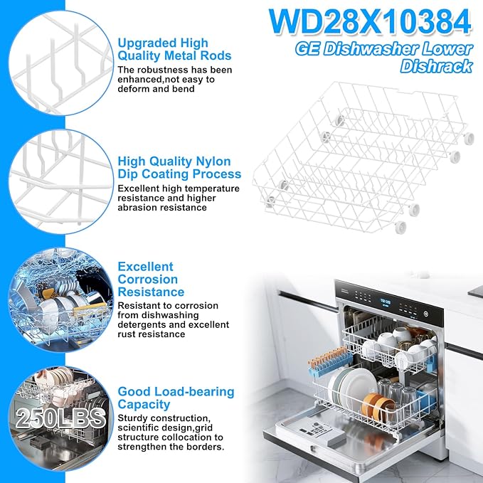 Upgraded WD28X10384 WD28X10309 Dishwasher Lower Rack Compatible with GE Dishwasher Rack Replacement Parts,WD28X10166 WD28X10165 General Electric Dishwasher Parts Bottom Rack GLD4560V00SS with Wheels