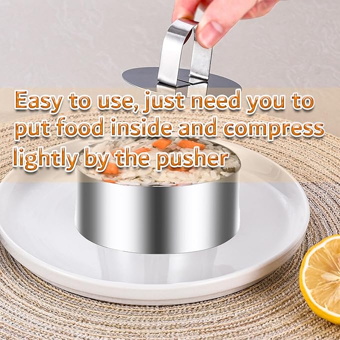 DATANYA Round Cake Ring Molds, 3 Inch Stainless Steel Food Rings Mold with Pushers 3 ‘’ Crumpet Tart Rings for Tuna Tartare, Dessert Cooking (6 Rings & 2 Pushers)