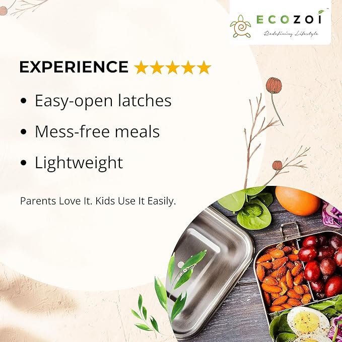 ecozoi Stainless Steel Lunch Box, Leak Proof 3 Compartment, Medium | Redesigned Silicone Seal | Sustainable Zero Waste Eco Friendly Bento Box Food Storage Container