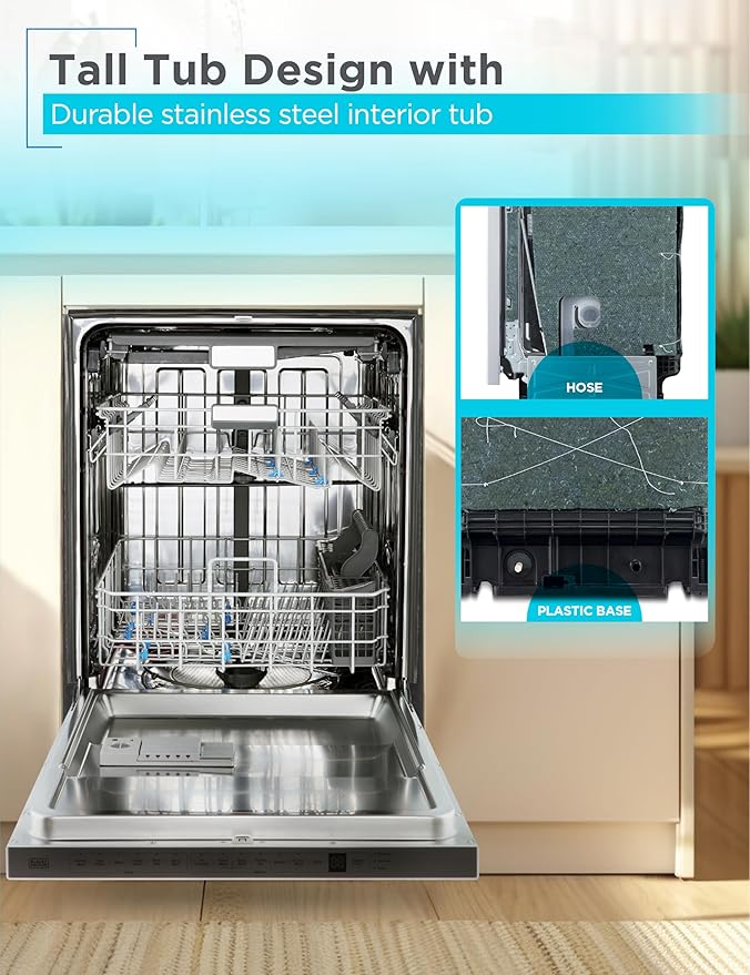 BLACK+DECKER 24" Designer Series Built-In Dishwasher, 14-Place Setting Capacity with Stainless Steel Tub, 6 Wash Programs and Smart Wash System, Low Noise, ENERGY STAR Certified, BDW400MS