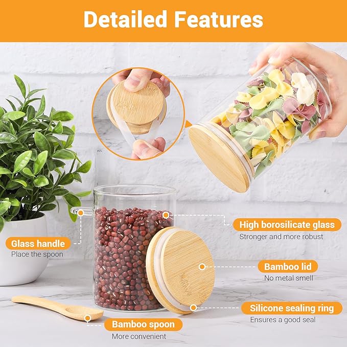 Glass Jar with Bamboo Lids and Spoon - 6 Pack 18 Fl.oz Round Food Storage Containers, Includes Labels and Marker, Airtight Tea Canister Pantry Jars for Sugar, Ground Coffee, Oats, Meal Prep