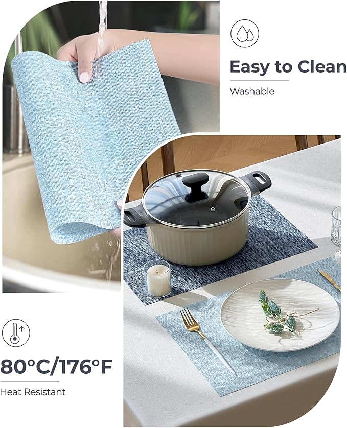 Leetaltree Soft Sky Blue Woven Placemats Set of 12 - Heat Resistant Non-Slip Place mats for Dining Table, Washable Durable PVC Vinyl Woven Table Mats(Sky Blue, 12)
