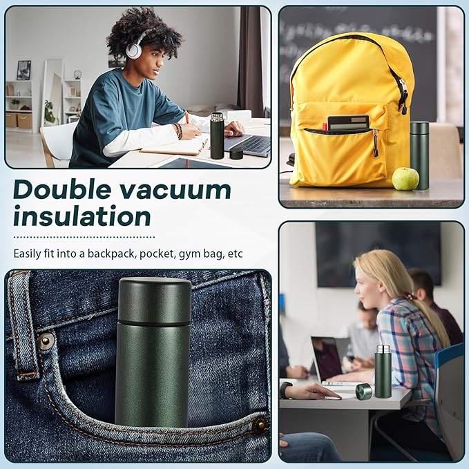 Irenare 5oz Mini Water Bottle Mini Insulated Stainless Steel Bottle Purse Water Bottle Cute Leak Proof Flask Keeps Drink Cold and Hot for Purse Women(Dark Green,1 Piece)
