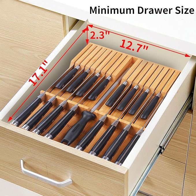 Utoplike In-drawer Knife Block Bamboo Kitchen Knife Drawer Organizer Large, handle Steak knife Holder without Knives, Fit for 16 Knife and 1 Sharpening Steel (Knives & Sharpening Not Included)