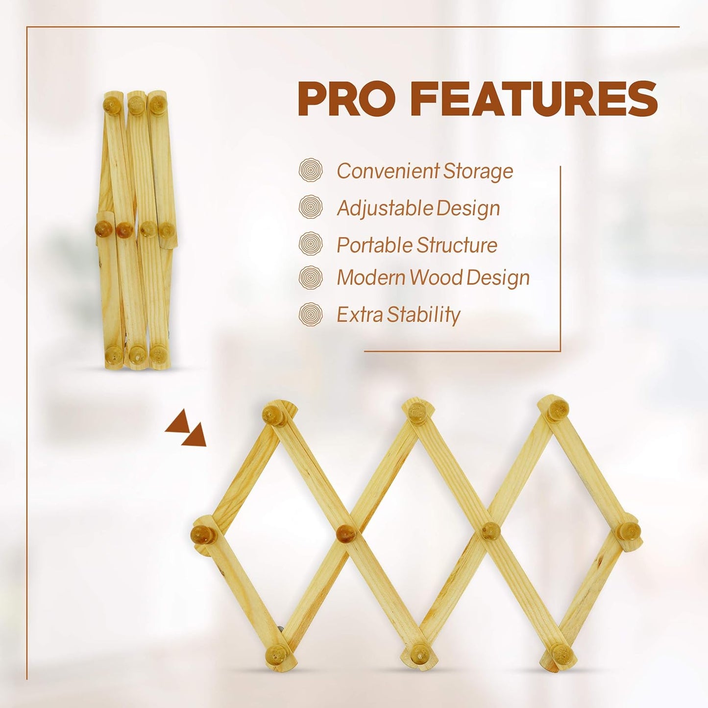 RAM-PRO Accordion Style Wood Expandable Rack Hat, Cap, Belt, Umbrella Coffee Mug Wall wooden Pegs (Set of 2)