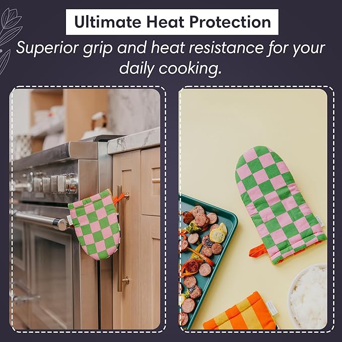Crae Home - Mini Oven Mitt | Riglee Pattern Silicone-Lined Grip Heat-Resistant Cotton Kitchen Mitt with Hanging Loop | Cute Pot Holder Style Oven Glove for Baking & Cooking | 7.5” x 5.5”