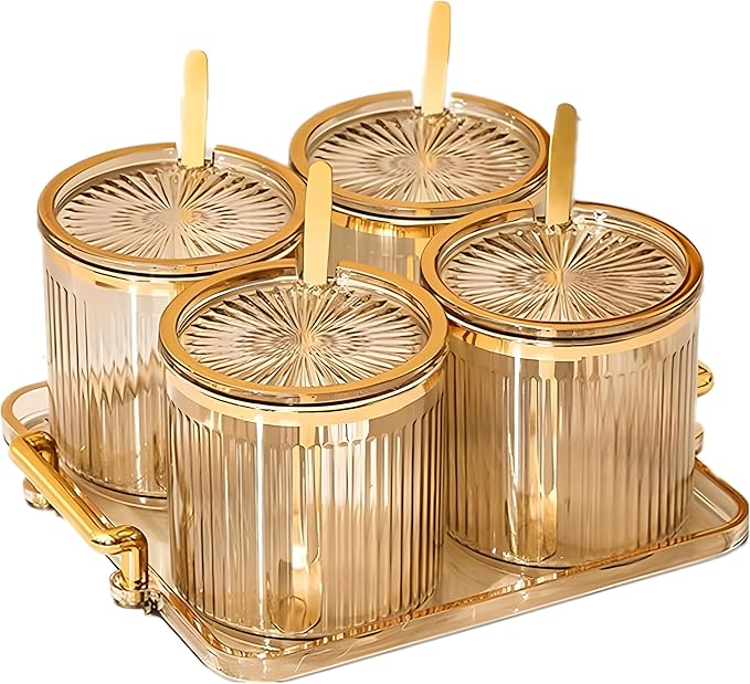 Acrylic Condiment Spice Jars,Condiment Spice Box With Lids and Spoons and Tray,Clear Plastic Condiment Canisters,Seasoning Box 4 Pack,Seasoning Box Set for Kitchen to Storage Salt,Paprika,Sugar