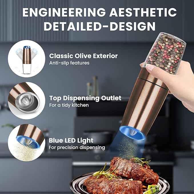 Gravity Electric Salt and Pepper Grinder set of 2, Automatic Salt And Pepper Grinder Set, Adjustable Roughness, Battery Powered, LED Light, 2 Pack, (Copper)