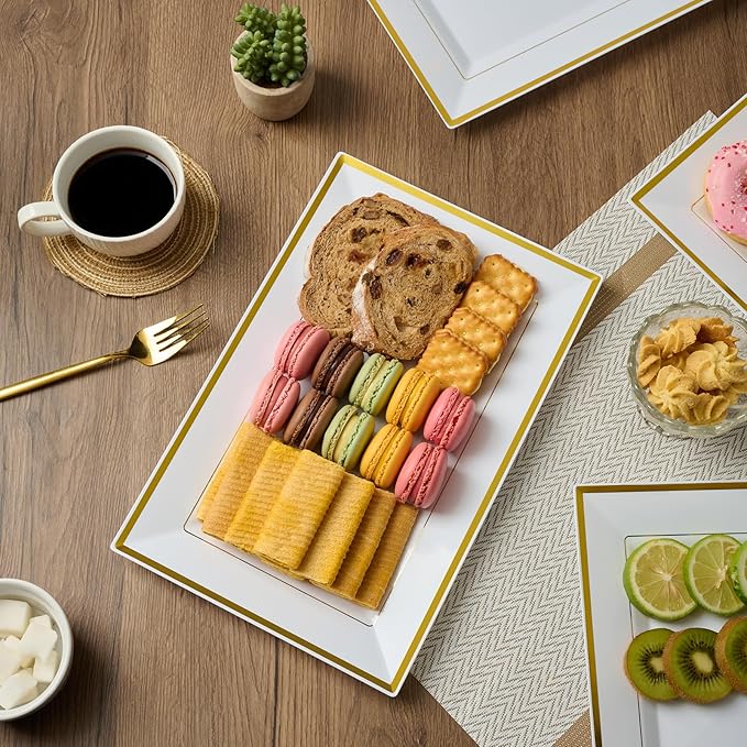 FOCUSLINE 8 PCS Plastic Serving Trays, White and Gold Rim Plastic Serving Platters, Disposable Tray for Food, Perfect for Wedding Parties