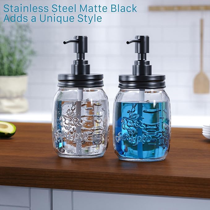 Galasily Mason Jar 16 oz Liquid Soap Dispensers Set with Large Kitchen Sink Caddy, Black Rustproof Stainless Steel Pump, Refill Hand Soap, Dish Soap, Vintage Farmhouse Decor for Bathroom, Kitchen