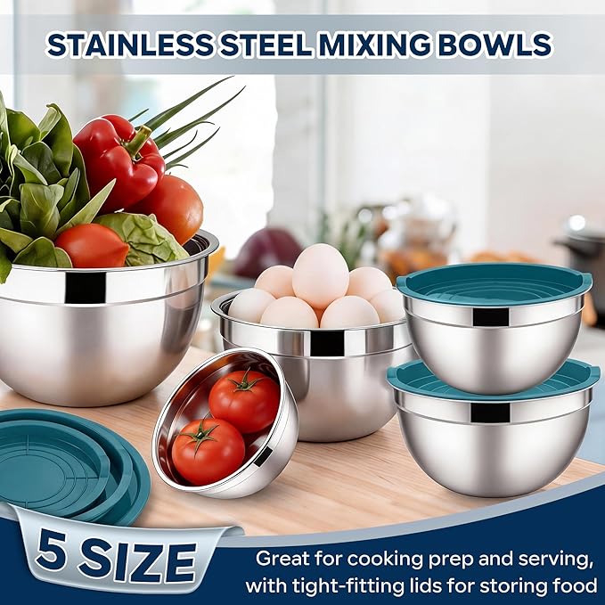 E-far Mixing Bowls With Lids Sets of 5, 10-Piece Stainless Steel Salad Metal Nesting Bowl for Baking Cooking and Prepping, Airtight Lid & Stackable Design, Size 4.6, 3, 2.1, 1.5, 0.7 QT, Blue