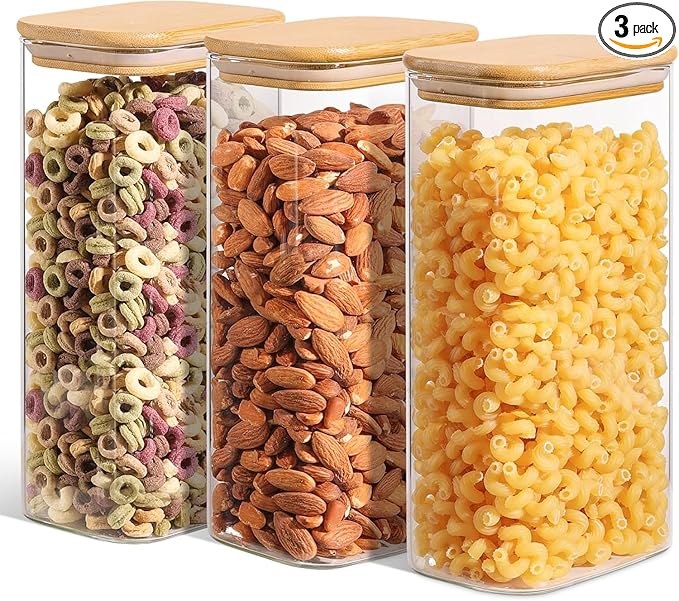 54oz 3PCS Rectangle Glass Storage Containers with Lids, Glass Jars with Bamboo Lids, Clear Food Storage Jar, Sugar Coffee Containers, Pantry Container for Pasta, Rice, Flour, Oats, Tea