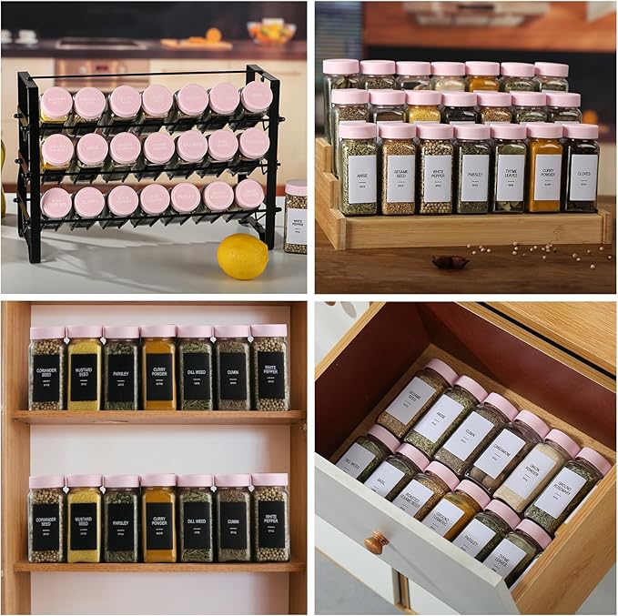 36 Glass Spice Jars with Labels, Spice Jar Set, 4oz Seasoning Containers, Spice Containers with Pink Airtight Lids and Shaker Lids, Square Empty Spice Bottles, 492 Labels, 1 Funnel