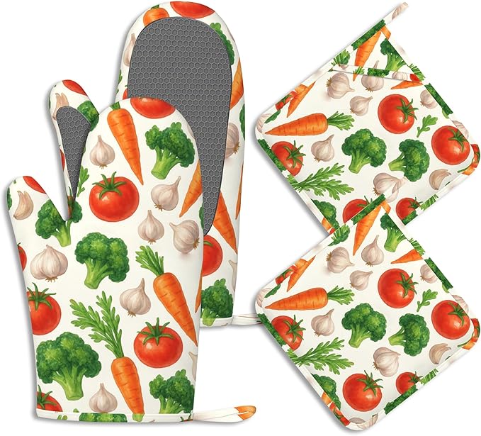 Vegetables Oven Mitts and Pot Holders Sets of 4 Tropical Tomato Carrot Heat Resistant Silicone Oven Mits Gloves Non-Slip Kitchen Mittens Potholders for Cooking Baking Grilling BBQ