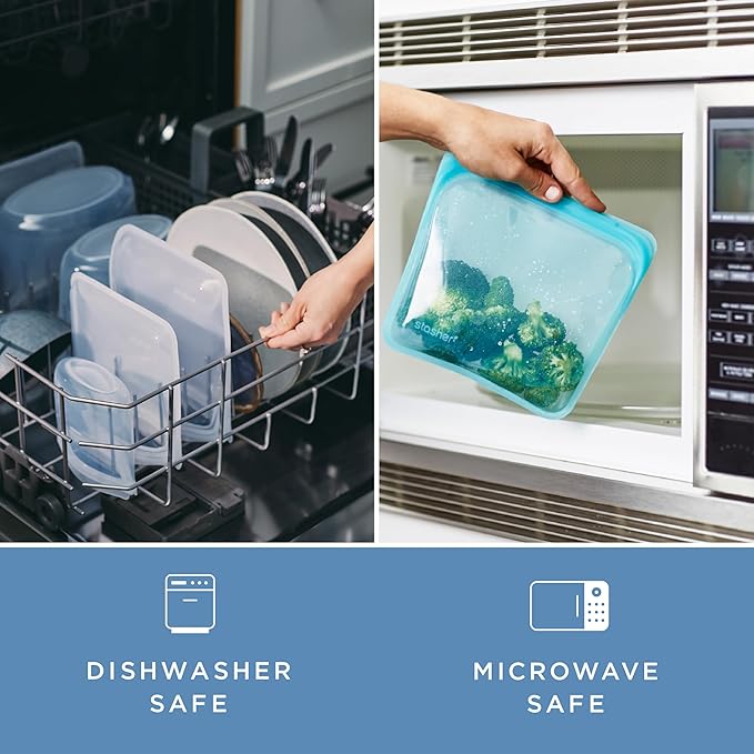 Stasher Silicone Reusable Food Storage Bags, 4-Pack, Reusable Freezer Bags, Microwave, Dishwasher, Oven Safe, Sous Vide, Premium Lunch Containers, Eco Friendly, Food-safe Silicone Snack Bag, Sea Spray | Reusable Food Bag