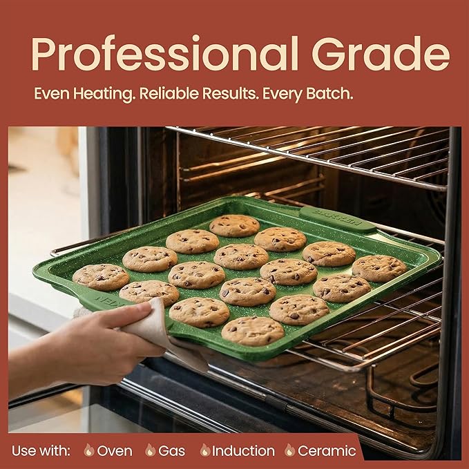 BAKKEN Kitchen Baking Pan Set - Nonstick Green Marble Coating, Carbon Steel Bakeware Sets with Green Silicone Handles, Kitchen Essentials, PFOA, PFOS, PTFE Free, Oven Safe (Up To 450° F), Set of 10