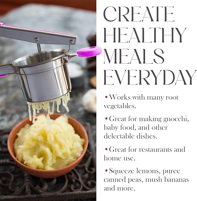 Bellemain Heavy-Duty Stainless Steel Potato Ricer & Masher | 15 oz, Perfect for Mashed Potatoes | Kitchen Tool with 3 Interchangeable Discs (Purple)