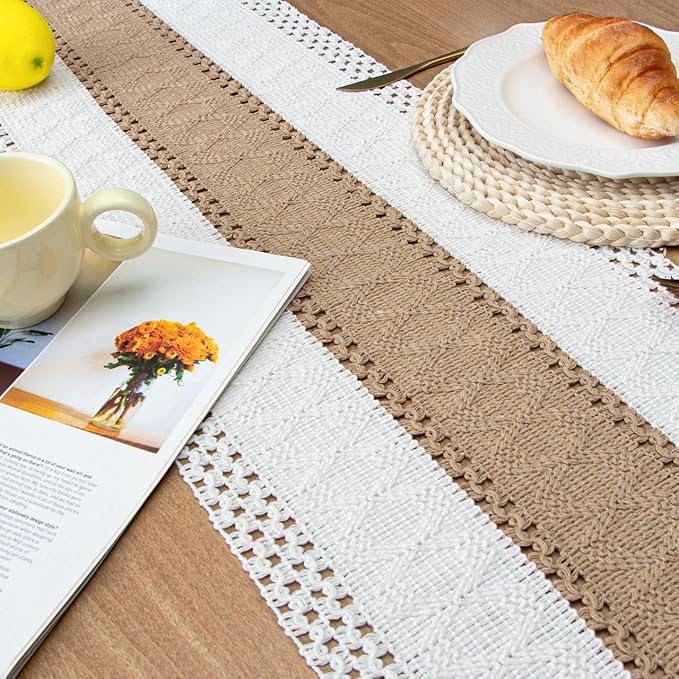 FEXIA Boho Table Runner for Home Decor with Out Tassels 90 Inches Long Farmhouse Rustic Table Runner Macrame Burlap Table Decoration for Living Room Bridal Shower(12x90 Inches)