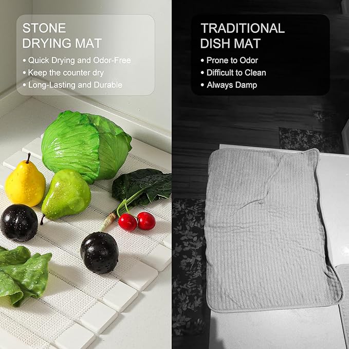 Large Stone Drying Mat for Kitchen Counter, 24''L x 16''W Diatomaceous Earth Collapsible Dish Drying Mat, Quick Drying Mat, Glasses and Flatware, Matches Any Countertop (White, 24'' x 16'')