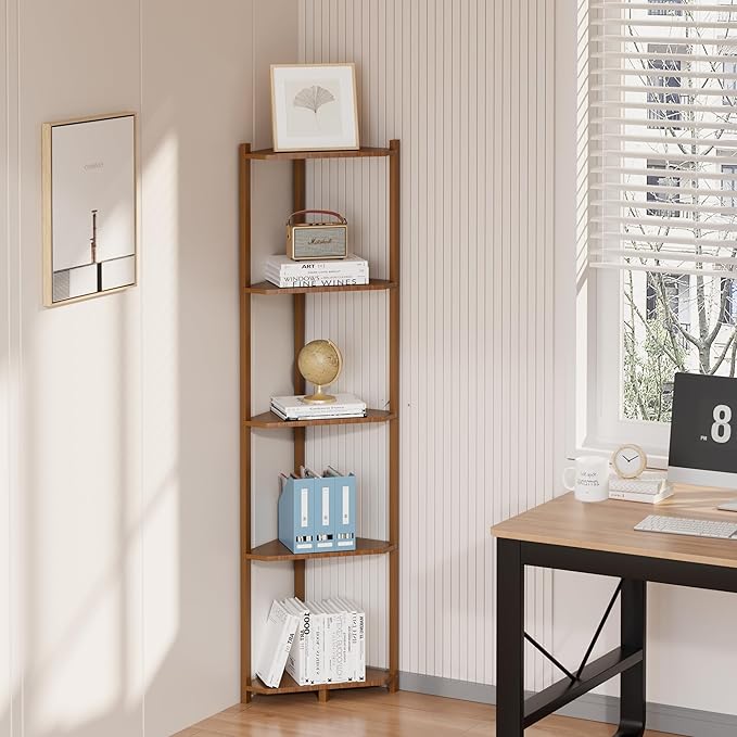 Wisuce Corner Shelf, 100% Real Bamboo Shower Corner Shelves Free Standing Shelf Storage Organizer for Bathroom Living Room Kitchen (Brown, 5 Tier)